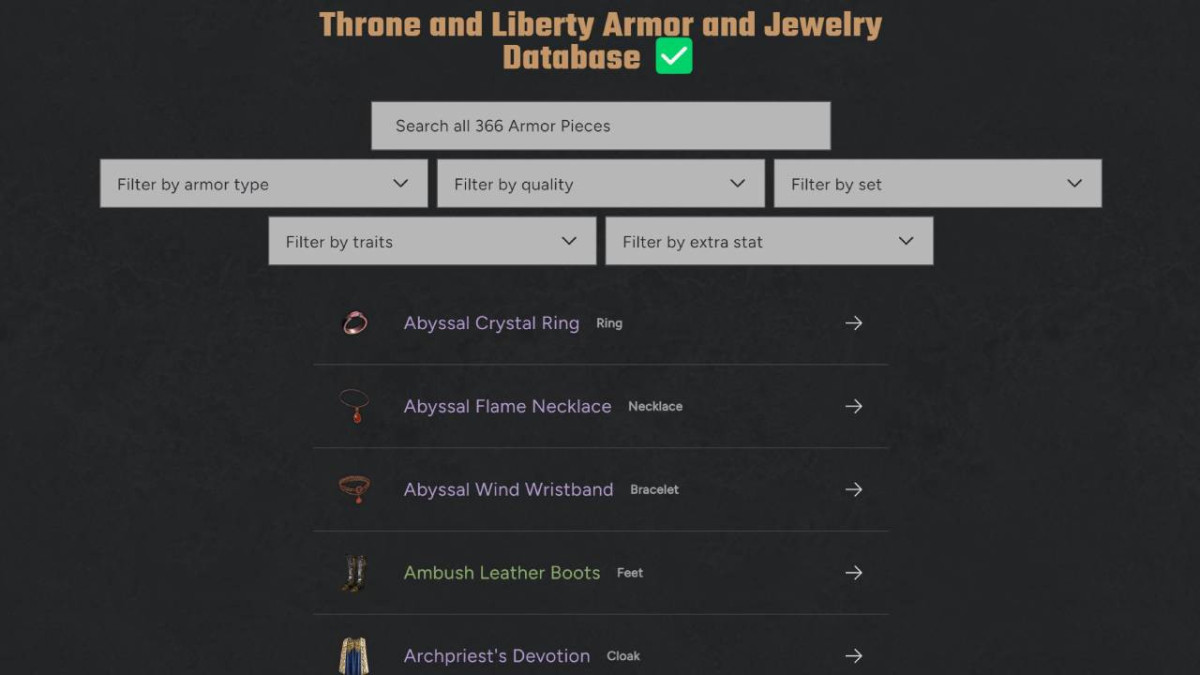 Throne and Liberty Armor and Jewelry Database Features