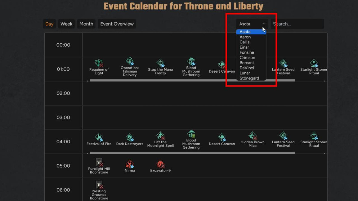 Throne and Liberty Event Calendar Server Selection