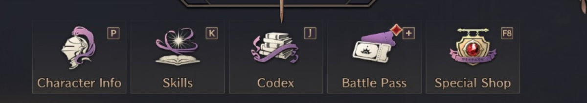 The codex tab in the main menu