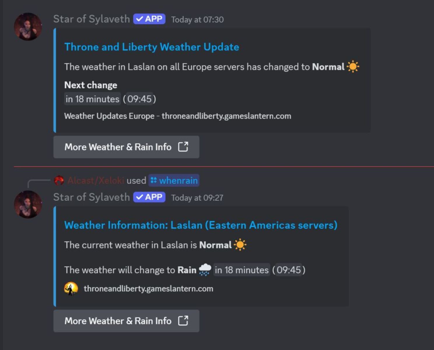 Rain Schedule for Throne and Liberty via Discord Channels